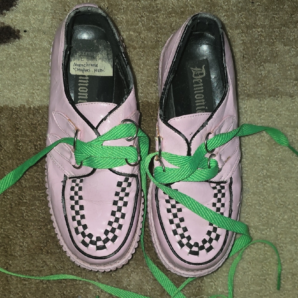 Demonia Pink Flats with Green Laces